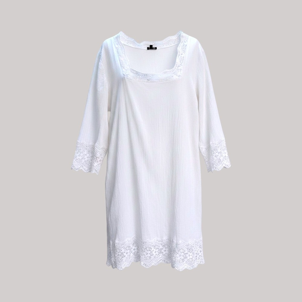 Talbots Tunic Cover Up Womens XL White Gauze Lace Trim Boho Coastal 3/4 Sleeve